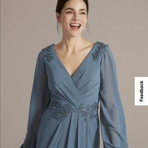 David’s Bridal Embellished Chiffon Gown with Long Sleeves | Steel Blue